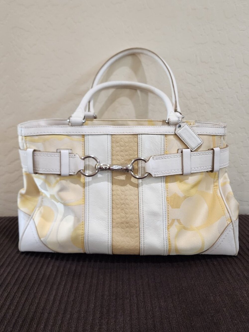 Coach Hampton Optic Signature Stripe Yellow White Double Handle Shoulder Bag